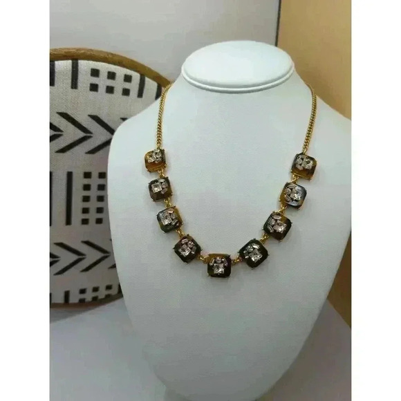 J Crew Gold Tortoise Shell Crystal Statement Necklace Womens Square Settings - Picture 3 of 9
